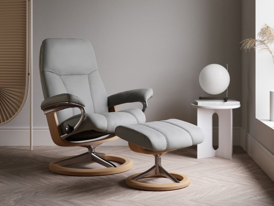 The Stressless Consul is a beautifully balanced recliner that delivers the perfect blend of elegant simplicity and unrivalled comfort. The Stressless Consul offers all the trademark features you’d expect from Stressless with a classic and timeless design that will fit seamlessly into any interior.
Crafted in Norway, the Consul recliner is built with the patented Glide™ and Plus™ systems, ensuring the chair responds to your body’s movements for optimal support whether you’re reclining, reading, or relaxing.
Available in three sizes (Small, Medium, and Large), the Consul is tailored to provide the perfect ergonomic fit. Choose from a wide selection of premium leathers, fabrics, and wood finishes to customise your chair to your taste.
Whether you choose a Classic, Signature or Cross base, the Consul recliner delivers the perfect balance of style, support, and relaxation.